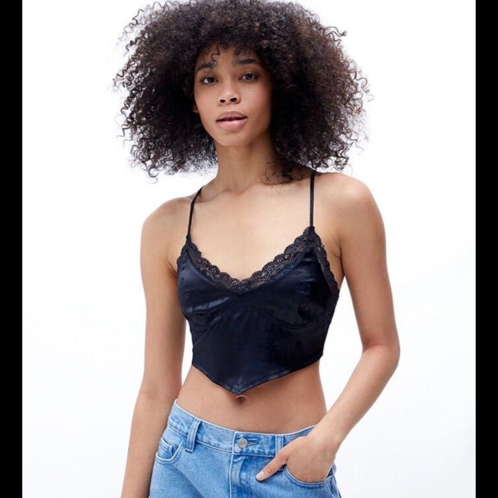 Kendall & Kylie Satin Handkerchief Cami Top With Lace Up Back Black Medium